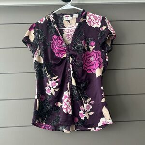 Worthington Purple and Pink Ruched Blouse with Mandarin Collar, Size 8